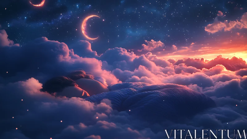 Rendered child lies on cloud surface under stylized crescent moons