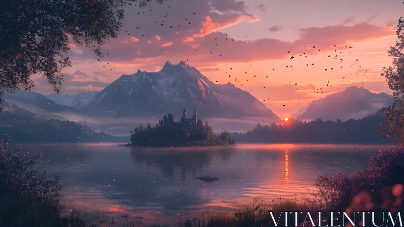 Fantasy lakeside castle at alpine sunset, digital painting.