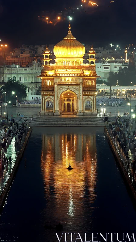 Illuminated domed temple façade reflects in axial water pool