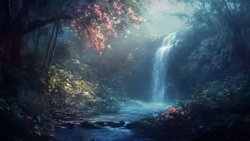 Waterfall in Enchanted Forest with Glowing Flowers.