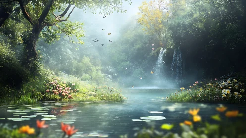Whispering waterfall glade where butterflies choreograph sunlight.
