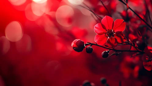 Red Flower Branch with Buds Against Blurred Red Background