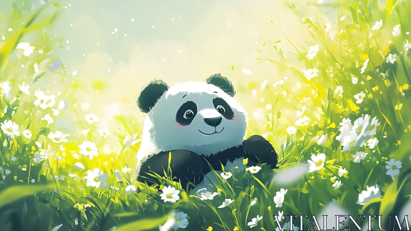Playful panda nestled in luminous wildflower meadow scene.