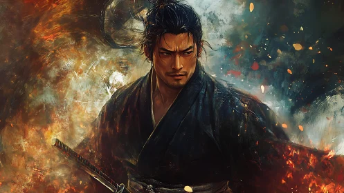 Resolute samurai stands strong amid swirling embers and fire.