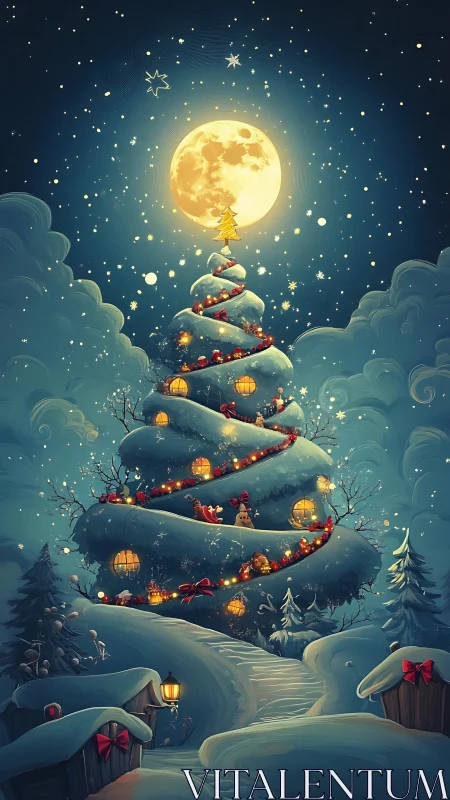 Moonlit Christmas tree village spirals through snowy starlight.