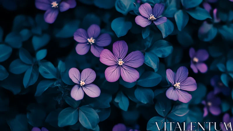 Purple Petals Against Teal Foliage: Macro Depth Study.