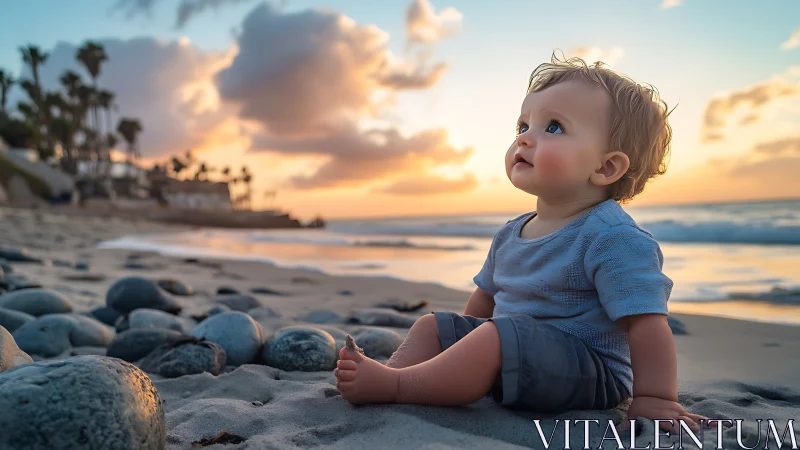 Toddler gazes seaward at golden hour beach.