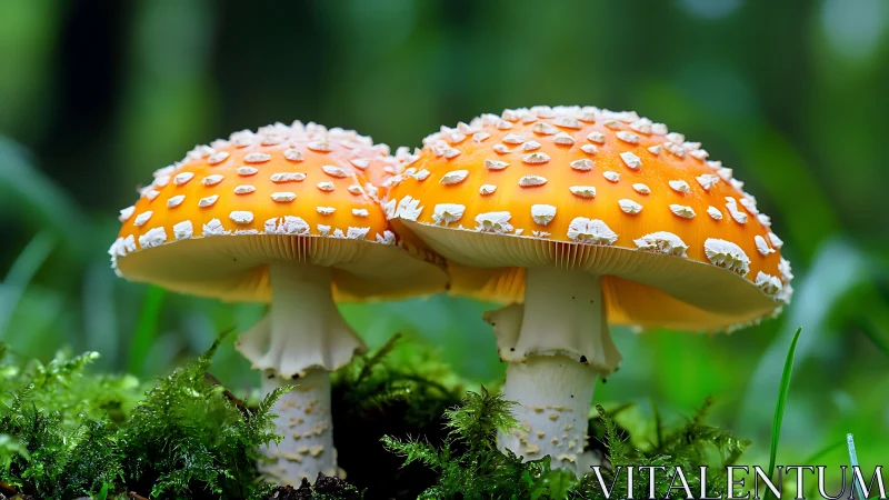 Macro study of paired Amanita mushrooms on mossy forest floor