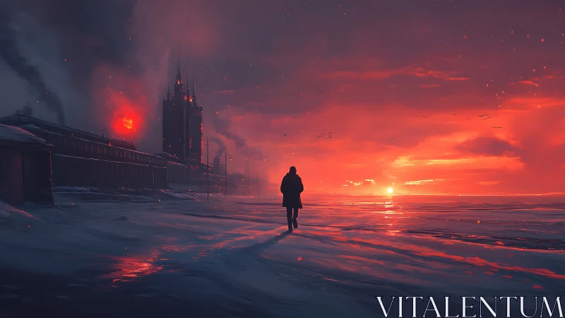 Lone figure walks across frozen shore toward burning sunset