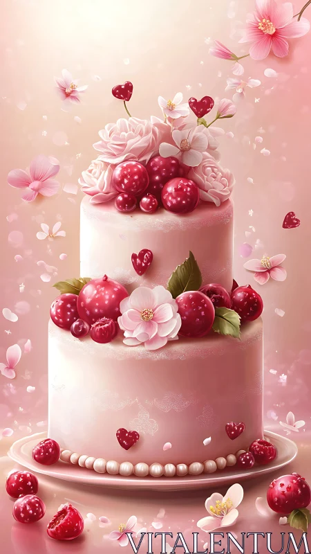 Romantic Two-Tier Cake with Pink Frosting and Red Berries