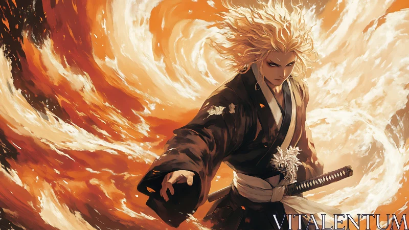 Sword-wielding figure stands before swirling fire vortex