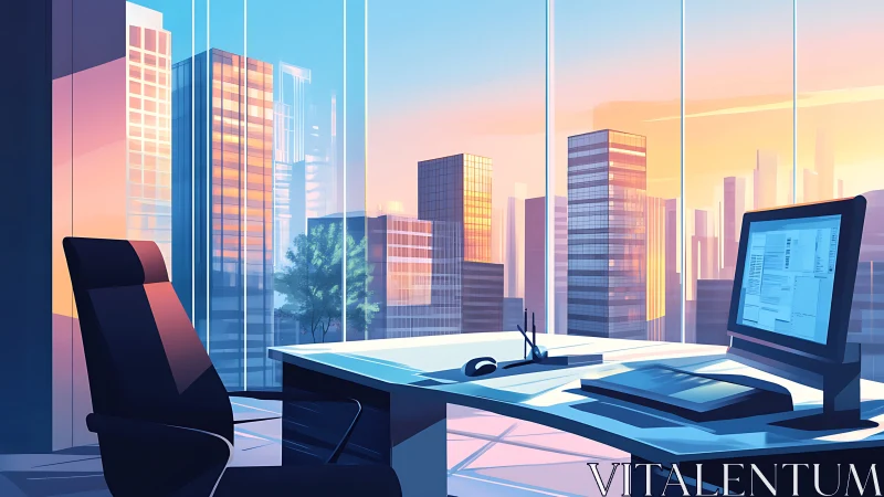 High-rise office interior with urban skyline view during twilight hours