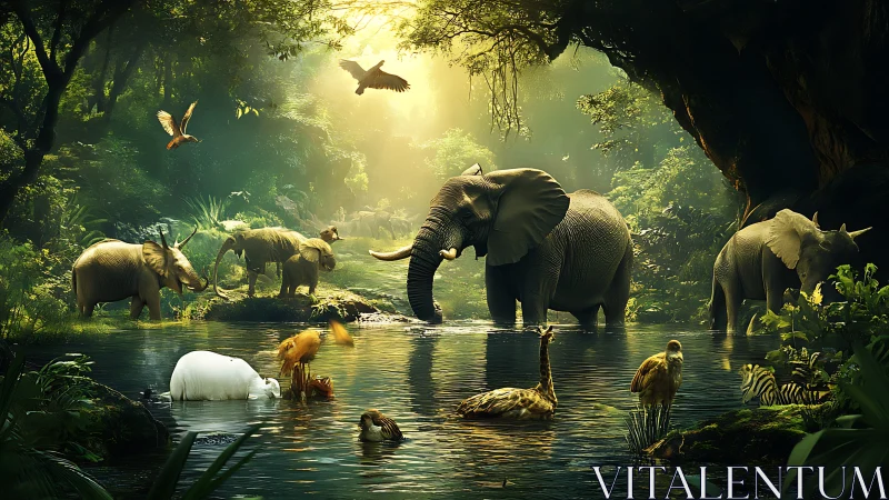 Sunlit jungle watering hole shimmers with wild assembly