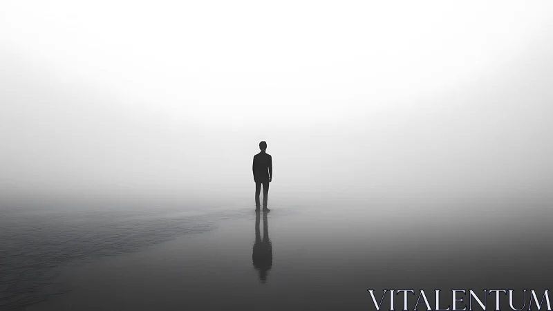 Minimalist silhouette in fog with reflective negative space focus.
