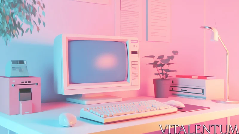 Dreamy retro computer desk in neon cotton-candy glow.