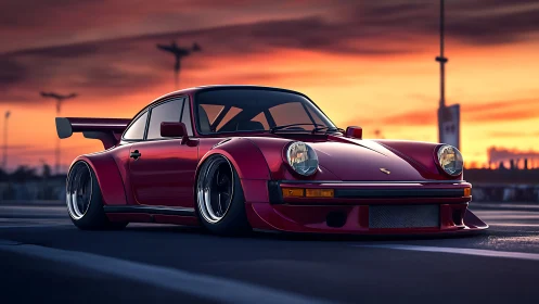 Widebody Porsche 911 turbo coupe at sunset on empty roadway