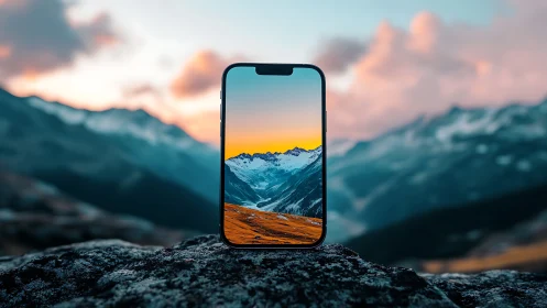 Mountain window smartphone catching sunrise between worlds.