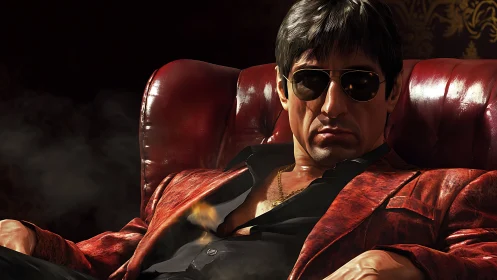 Brooding crime boss lounges in red leather power chair.