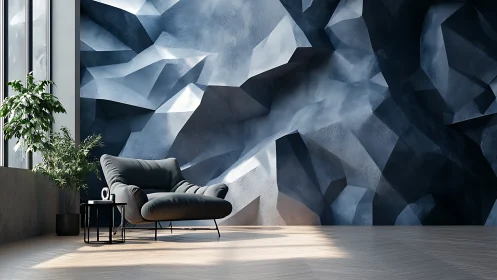 Abstract rock wall elevates serene minimalist reading corner.