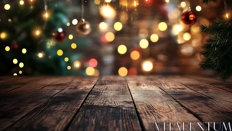 Rustic wooden table with blurred Christmas lights above.