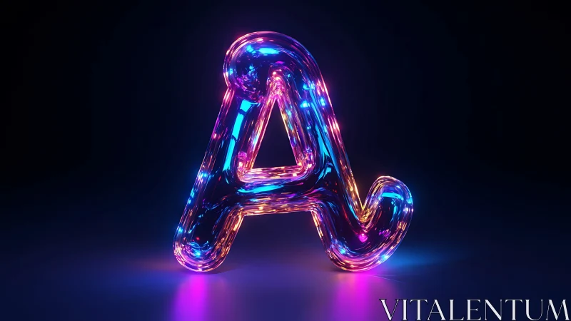 Neon glass letter A glowing on dark reflective surface.