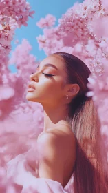 Soft-lit portrait of woman amid saturated pink blossoms, side profile