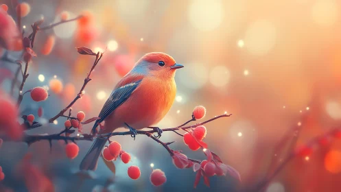 Vibrant orange songbird on berry branch in dreamy soft focus art.