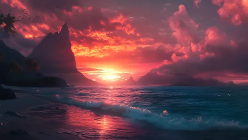 Spectral sunset over volcanic sea stacks with refracted surf.