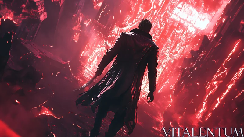 Lone trenchcoat warrior strides through a burning crimson rift.