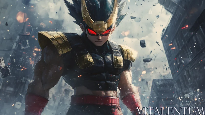 Armored anime warrior in ruined city with glowing red eyes