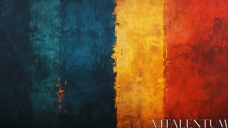 Triptych color fields in teal yellow and scarlet textures.