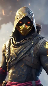 Mysterious hooded warrior with glowing mask stands ready.
