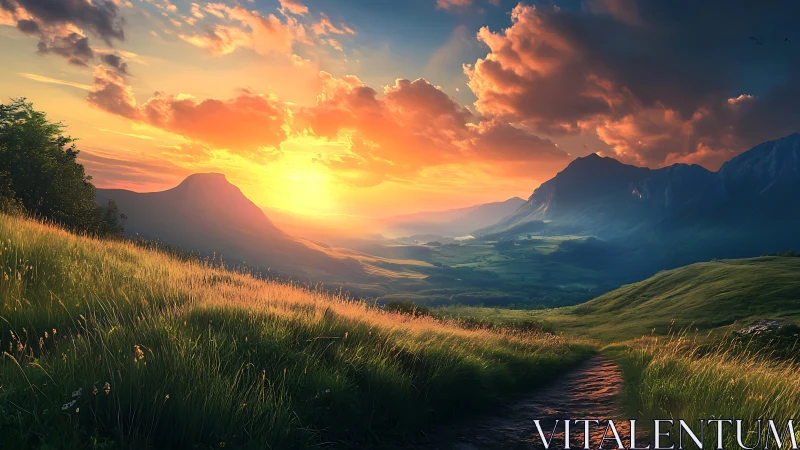 Sunset-swept meadow trail drifts toward glowing valley dreams