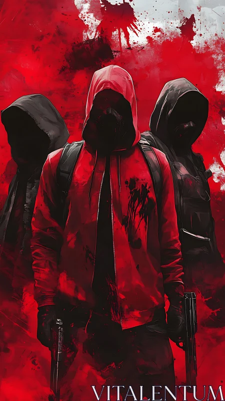 Red-hooded enforcers stride through a storm of violent crimson.