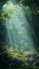 Forest interior with directional light rays penetrating dense canopy.