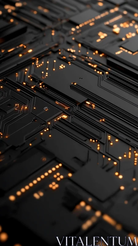 Black circuit board surface with glowing orange traces.
