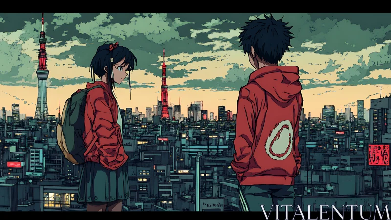 Urban rooftop panorama with two teens in red hoodies at dusk