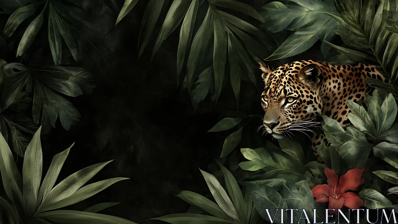Leopard head emerges from dense dark jungle foliage at night