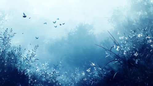 Atmospheric blue forest glade with silhouetted birds in flight.