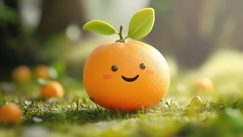 Smiling orange character brightens a sunlit forest meadow.