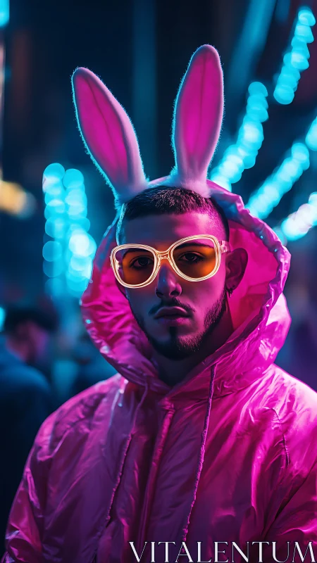 Neon lit portrait isolates hooded subject with bunny ears and glow