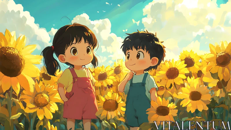 Two children standing in a dense sunflower field at midday.