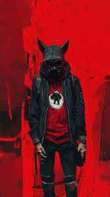 Hooded masked figure in dark streetwear on red abstract field.