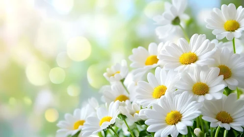 White Daisy Cluster with Yellow Centers Against Soft Bokeh.