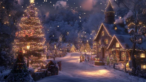 Snowy Christmas village street glows with festive lights