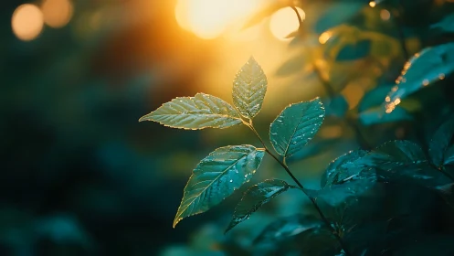 Dewy green leaves in sunlight, tranquil nature close-up photo.