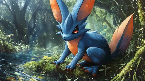 Fantasy blue fox creature beside forest stream at dawn.