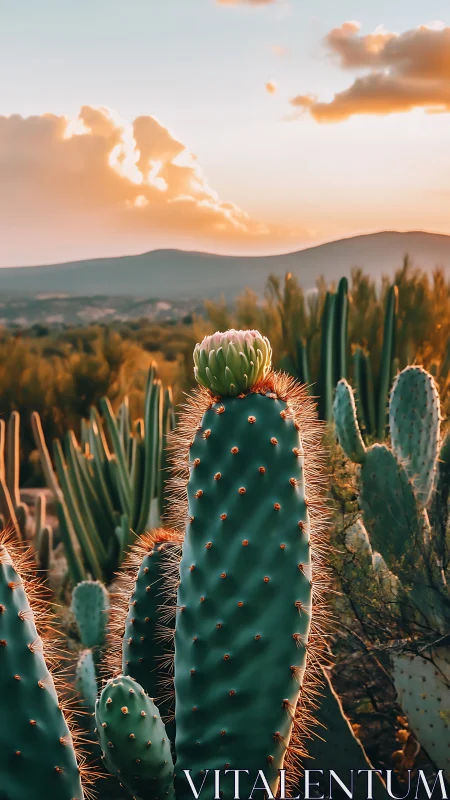 Golden desert cactus glowing softly in sunset warmth.