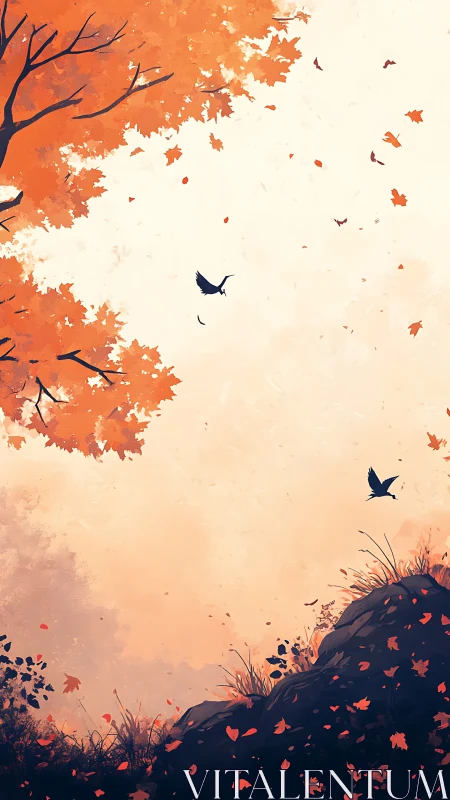 Autumn foliage with birds above rocky hillside at dusk.