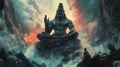 Colossal meditative deity amid fiery mountain clouds.
